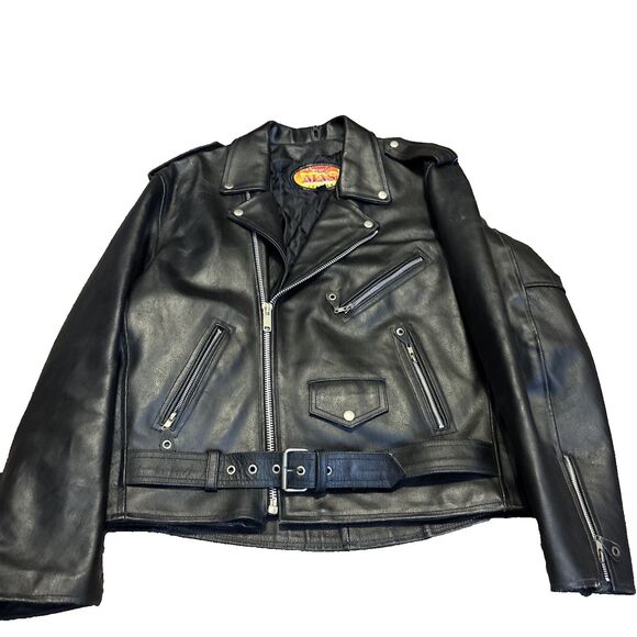 MAS Men’s Black Leather Motorcycle Jacket - Belted - zipper - Large - Picture 1 of 12